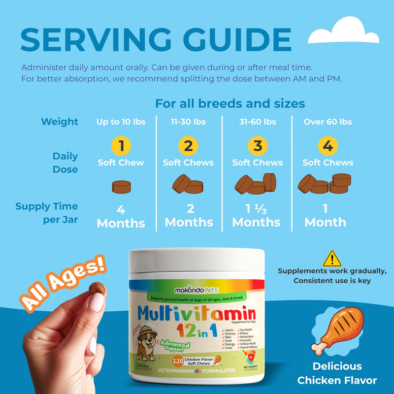 Multivitamin for Dogs 12 in 1 Soft Chews (120) – Dog multivitamin with probiotics + Digestive enzymes, Energy, Joints, Skin & Coat Support, Immune Defense & Gut Health, Cranberry Urinary Care