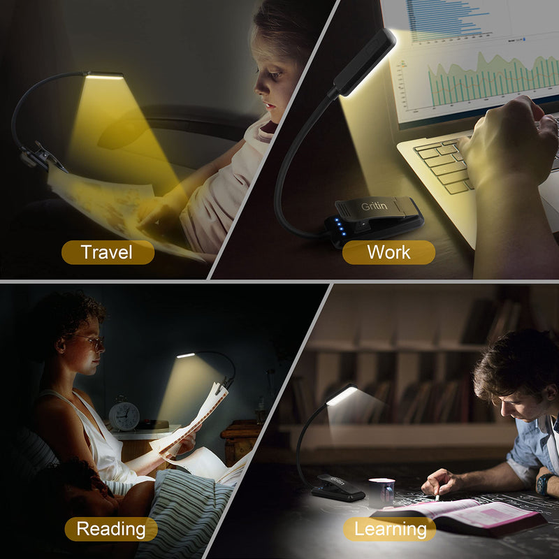 Gritin 9 LED Rechargeable Book Light for Reading in Bed - Eye Caring 3 Color Temperatures,Stepless Dimming Brightness,80 Hrs Runtime Small Lightweight Clip On Book Reading Light for Studying Black