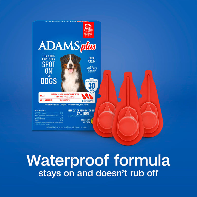 ADAMS Plus Flea & Tick Prevention Spot On for Dogs, Extra Large Dogs, Kills Fleas & Ticks (Brown Dog/Deer Ticks), Kills and Repels Mosquitoes, Prevents Flea Infestations, 3-Month Supply, 3 Pack X-Large Dog 61-150 Pounds