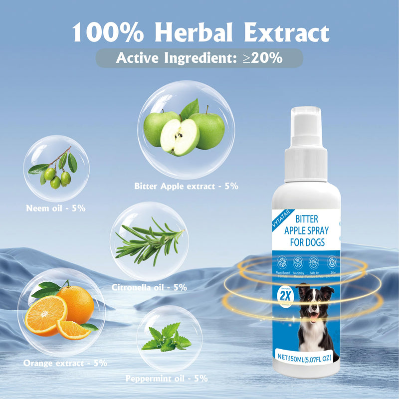 Natural Bitter Apple Spray for Dogs–Upgraded Double Bitter Extract, Alcohol-Free. Stops Chewing on Furniture, Shoes & More. Pet-Safe for Indoor/Outdoor use. 150ml