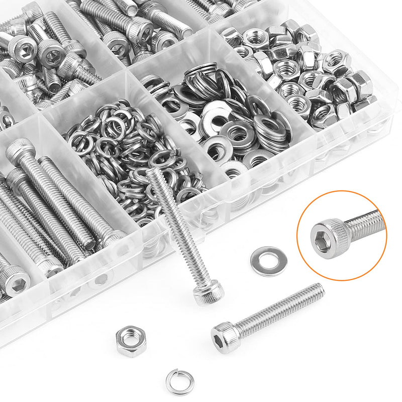 350 Pieces M4 x 6mm /8mm /12mm /16mm /20mm /25mm /30mm, Hex Socket Head Cap Screws Bolts Washers Nuts Kit, 304 Stainless Steel Socket Head Screws