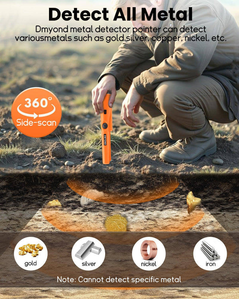Dmyond Metal Detector Pinpointer - Professional Waterproof Handheld Pin Pointer Wand - High Sensitivity 360° Detection - Search Treasure Pinpointing Finder Probe for Adults, Kids - Orange