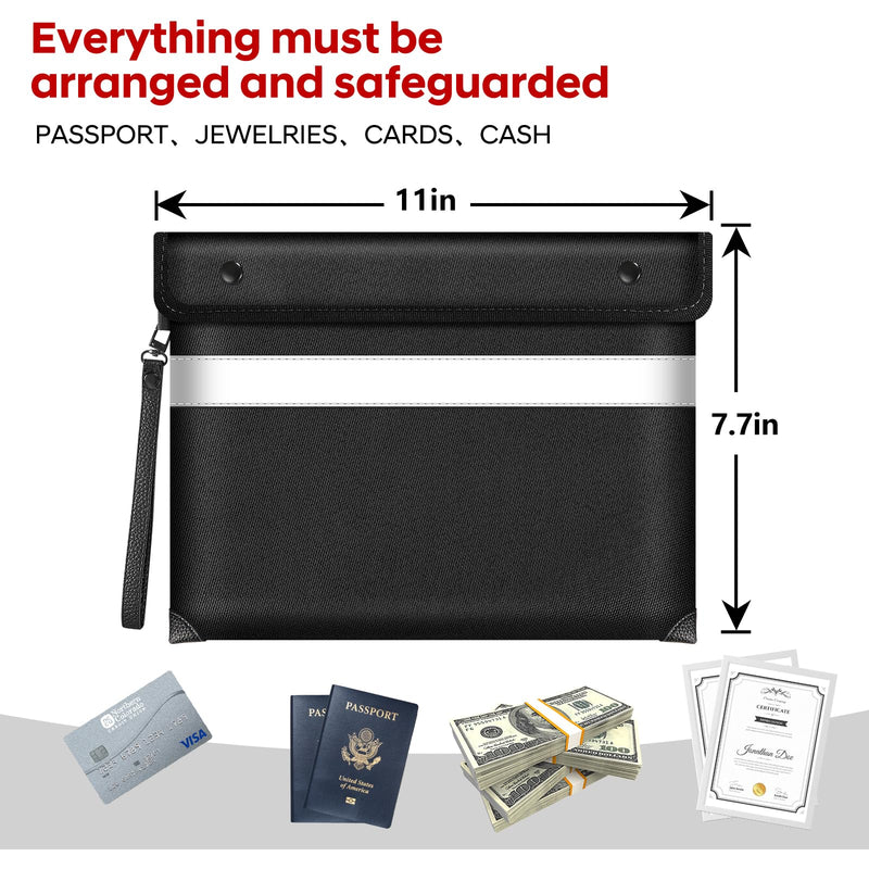 Fire Proof Money Bag for Cash 5200℉ Heat Insulated,Fireproof Waterproof Document Pouches with Double-Sided Reflective Strip,Money Envelopes for Cash,Valuables,Jewelry(11"x7.7",Black) Black Medium size