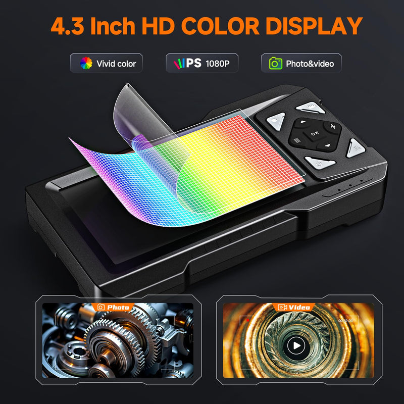 4.3" Endoscope with Light,1080P HD Photo Video Inspection Camera, IP67 Waterproof Borescope with 16.4FT Semi-Rigid Cable,Snake Sewer Camera with 6 LED Lights,32GB SD Card