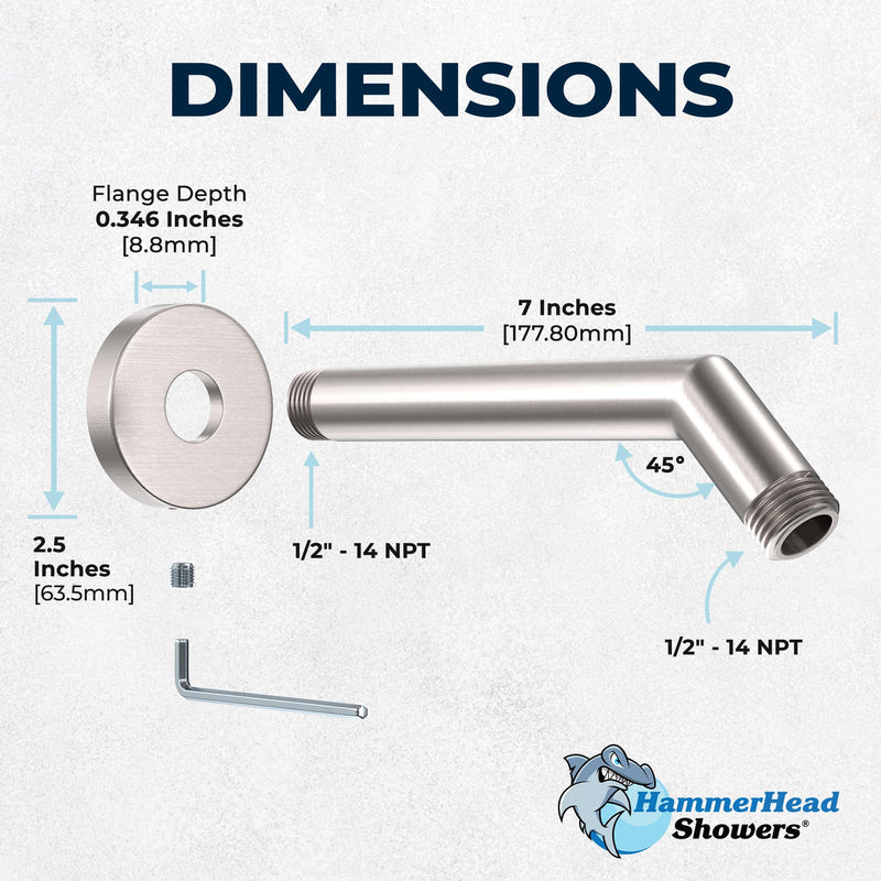 HammerHead Showers® ALL METAL 7 Inch Shower Arm and Flange with Set Screw, Brushed Nickel | Wall Elbow Pipe and Cover Plate | Universal Replacement Part for Showerheads