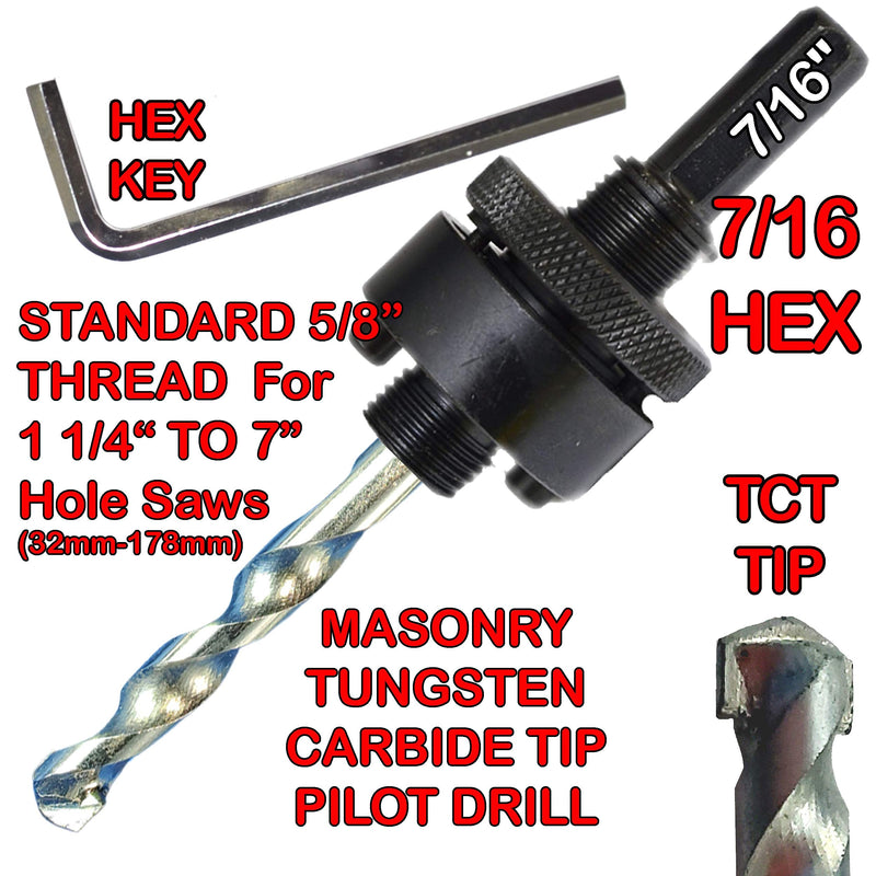 Hole Saw Extension and Arbor Kit 7/16" : 1/2" Hex Arbors X2 and 12" Extension Fits Hole Saws from 5/8 Inch to 10 Inch with Both TCT and Hss Pilot Drill Bits So Drilling Deep Holes in Wood Or Masonry 7/16" Arbor+Extension Kit