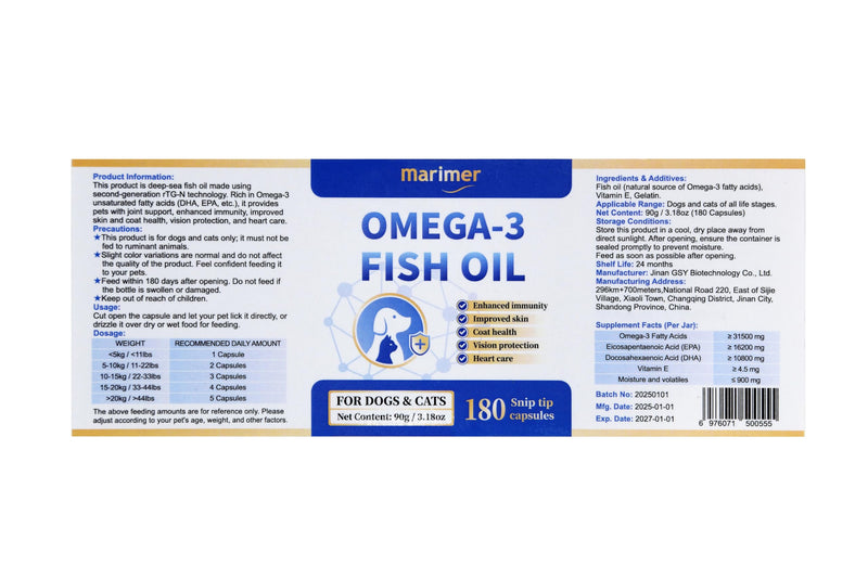 MARIMER Snip Tips Omega-3 Fish Oil for Cats for Dogs – EPA & DHA with Vitamin E – Liquid Soft Gels You Can Snip & Pour – Supports Heart, Skin, Coat, Joint & Immune Health – 180 Softgels