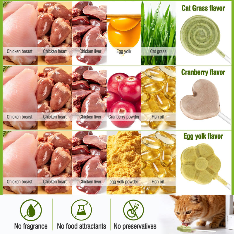21pc Cat Lollipop Treats, Cat Grass Treats High Protein Nutrient Rich for Hairball Control and Healthy Coat, Cat Treats with Catgrass, Cranberry, Egg Yolk Flavor