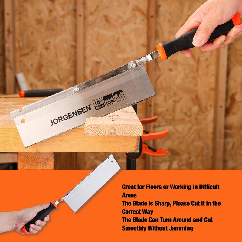 JORGENSEN 10" Dovetail Reversible Saw, Professional Cutting Jamb Saw, 13TPI Double Ground Teeth Flush Cut Saw Spring Loaded Design Cranked Soft Handle, Shorten Door Frame, Tile Installation and Prep