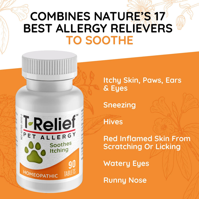 T-Relief Pet Allergy Support for Dogs & Cats Itchy Relief Supports Healthy Skin & Coat Natural Medicine Helps Soothe Hot Spot Itching Paws Licking Runny Nose Sneezing Watery Eyes - 90 Tablets - PawsPlanet Australia
