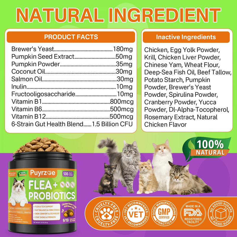 Puyrzoe Flea and Tick Prevention for Cats, Flea Treatment for Cats, Itch Relief, Skin & Coat Care, 500 Cat Flea Chews with 6-Strain Probiotics, Gut & Immune Health, Chicken Flavor, All Breeds & Ages