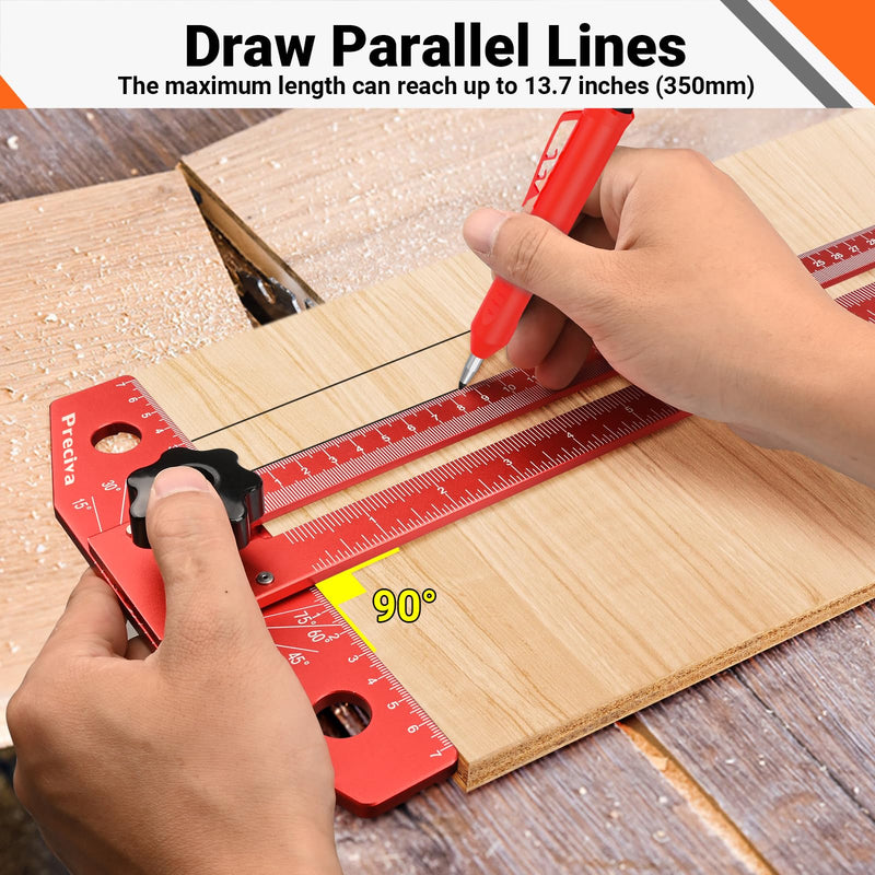 Preciva 13” Carpenter Square Ruler (1/16" Scale) - Foldable Aluminum Alloy T Square with Imperial and Metric Scales, Multi-Purpose Woodworking Square Ruler for Measure Angles, Position, Draw Lines
