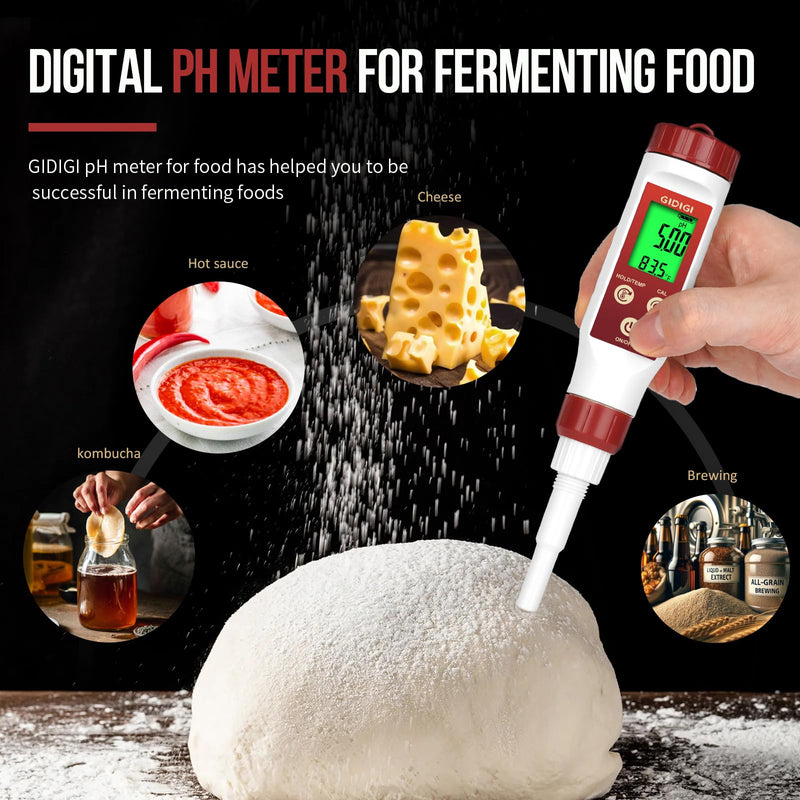 pH Meter for Food,Digital pH Meter for Fermentation,Hot Sauce,Canning,Spear Tip pH Food Tester Probe for Cheese,Cooking,Sourdough Bread,Saliva,Water Resistant Food pH Tester for Semi-Solid and Water