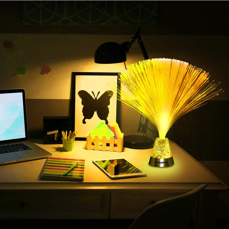 Playlearn 13” LED Fiber Optic Lamp - USB/Battery Powered – Color Changing Crystal Base – Fiber Optic Light Sensory Lamp