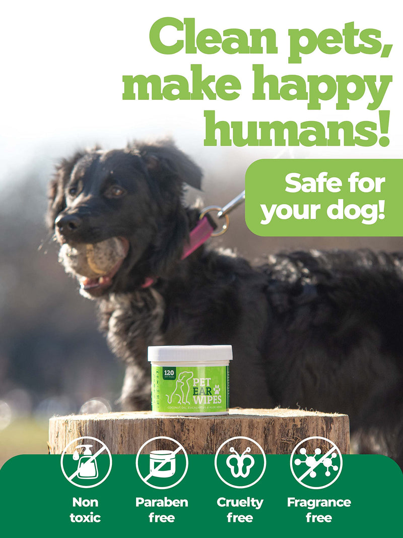 120ct Pet Ear Wipes for Dogs w/Itch Relief | Natural Coconut Oil, Eucalyptus & Aloe | Irritation Relief, Easy Otic Wax Cleaner Solution Pets