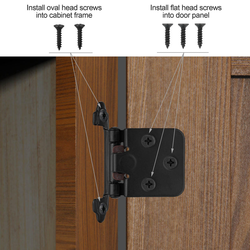 4 Pack (2 Pair) Matte Black Self Closing Cabinet Hinges for Flush Mount Kitchen Cabinet Door, 1/2" Overlay (Variable) Face Frame Semi Concealed Kitchen Cabinet Hinges