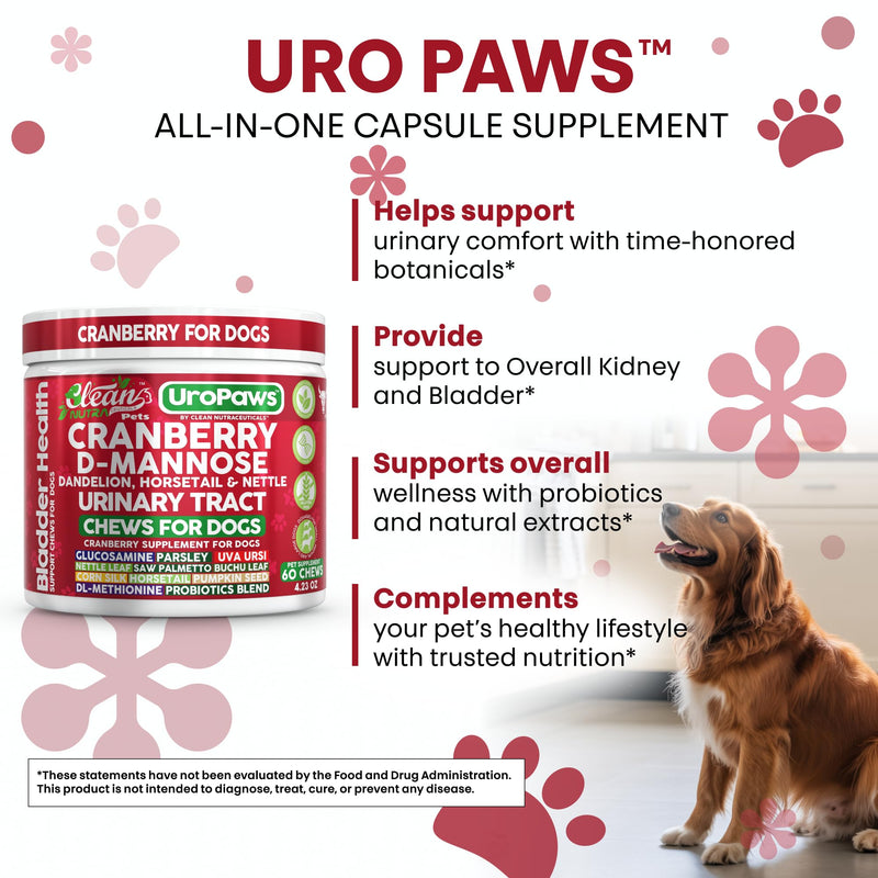 Dog UTI Treatment | Cranberry for Dogs | Urinary Tract Bladder Control | D-Mannose Dandelion Glucosamine HCL Marshmallow Nettle Leaf Saw Palmetto Uva Ursi Horsetail Beef Flavor by Clean Nutra Pets
