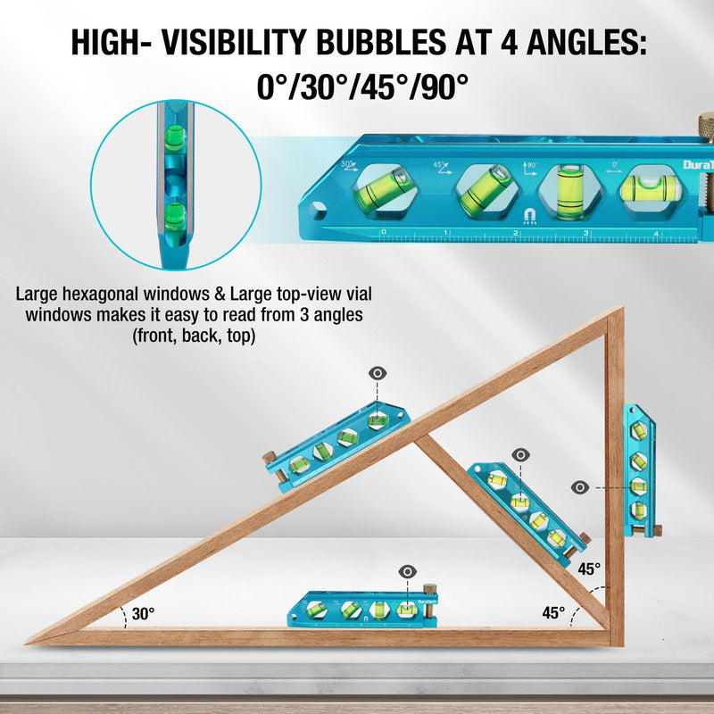 DURATECH 3-Piece Level Tool Set, Magnetic Torpedo Level Included 2.5", 6.25", 8" Level with 0°/30°/45°/90° Bubbles, V-Groove, Large Viewing Window, Aluminium Alloy Construction, SAE and Metric Scale
