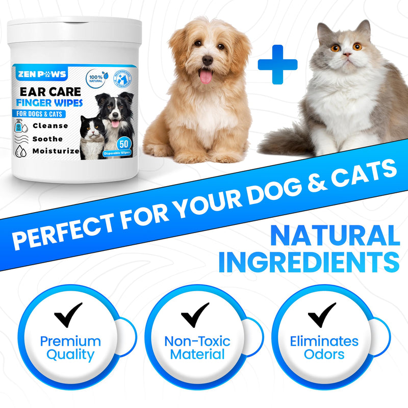 Zenpaws Dogs & Cats Ear Cleaner Finger Wipes - Relieve Ear Itching & Inflammation - Reduce Dirt, Odor and Wax Build - Natural Ingredients - Sooths & Deodorizes – 50 Count - PawsPlanet Australia