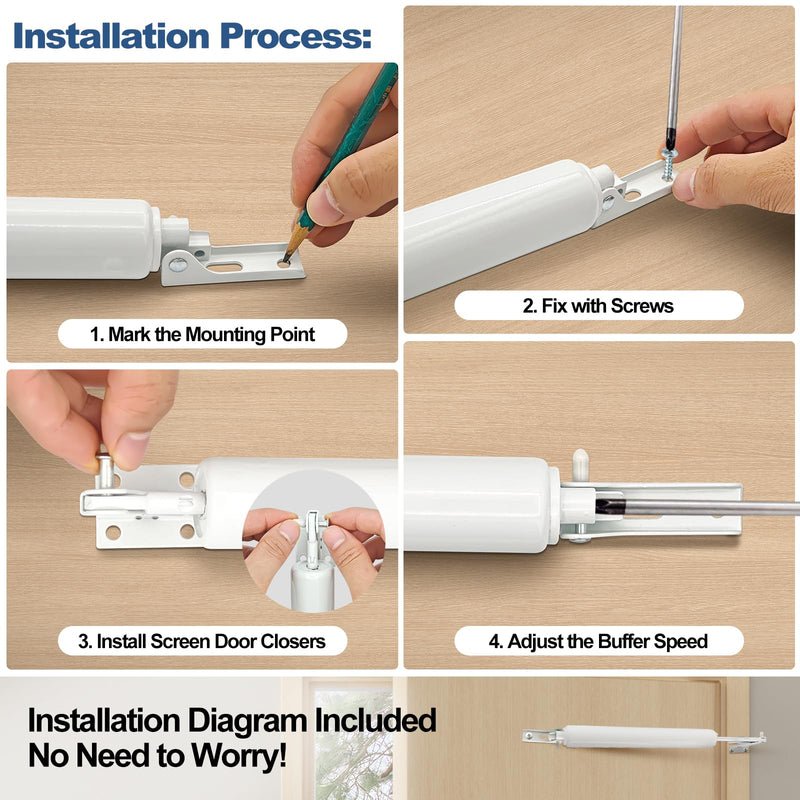 2 Sets Storm Door Closer Screen Door Shock Replacement Screen Doors Hydraulic Arm Replacement Heavy Duty Pneumatic with Handles Adjustable Closing Cushion Speed for Storm Screens Security Doors, White