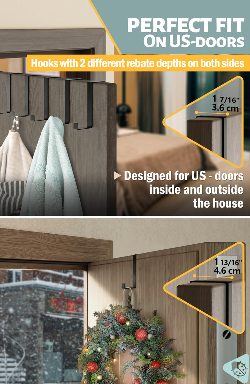 Menz Over The Door Hooks 10 Pack, 2-Sided Fits 1 3/8" & 1 3/4" Coat Hanger, Black Towel Holder w/Anti-Scratch Pads, Wreath Hanger w/Removable Sticky Non-Slip Dots, Thin Enough for Doors to Close 10pack fits 1 3/8" to 1 3/4"