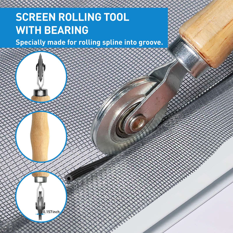 Screen Repair Kit, 5 in 1 Screen Tool - Screen Roller Tool, Spline Removal Hook,Screen Clips, Retainer Spline (32 ft) and Screen Cutter for Replacing & Installing Door and Window Screens Black Spline