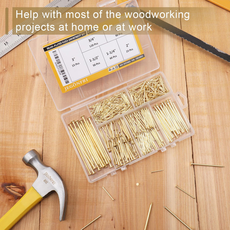 6 Sizes Gold Hardware Nails Assortment Kit, 358pcs, Brass Plated, Nails for Hanging Pictures, Finishing Nails, Wood Nails, Wall Nails for Hanging (3”, 2”, 1-1/2”, 1-1/4", 1”, 3/4") 358