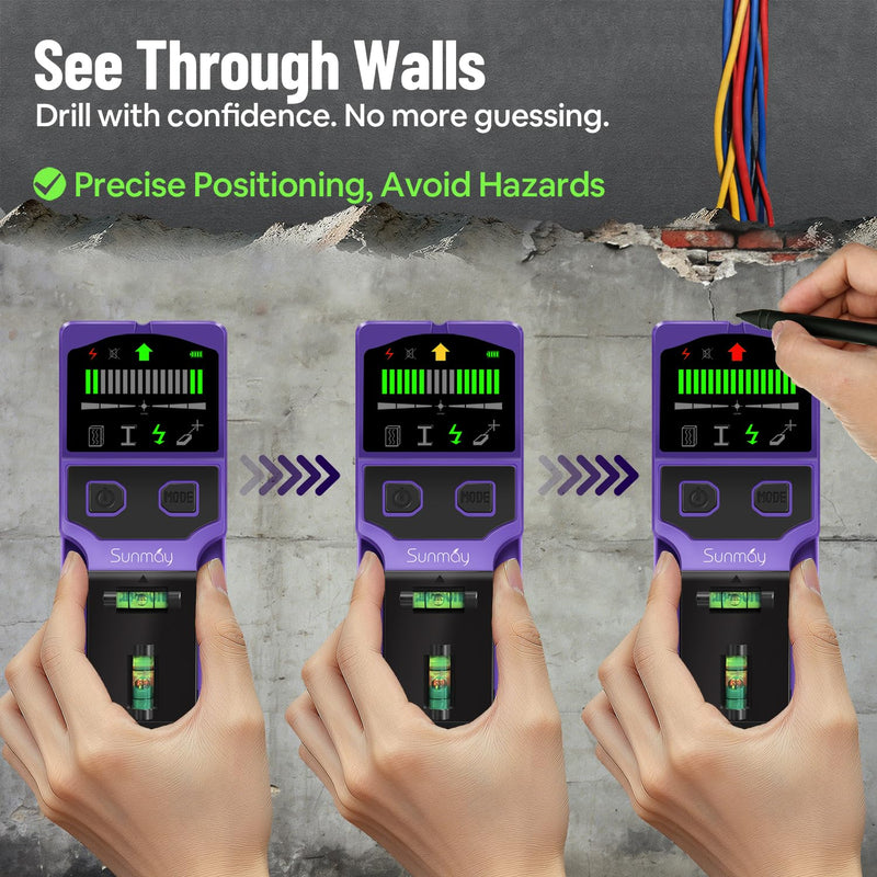SUNMAY Stud Finder Wall Scanner, 7-in-1 Electronic Stud Sensor & Wall Detector for Center & Edge of Wood Metal Studs Joists AC Wire Pipe, HD LCD Display with Voice Alarm, Deep Scan Mode Purple