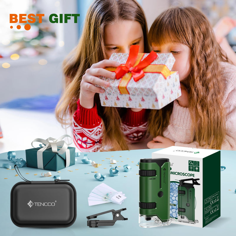 100x-250x Mini Pocket Microscope for Kids Adults, Protable Handheld Microscope with 5 Microscope Slides, Phone Adapter, Miniscope Portable Microscope Kit for Kids Adults Science Lab Education, Green
