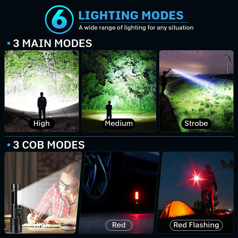 Rechargeable Flashlights 2 Pack, 99,000lm Super Bright High Lumens Flash Light, 6 Modes Adjustable Linternas, Powerful Handheld LED Flashlights for Home Camping