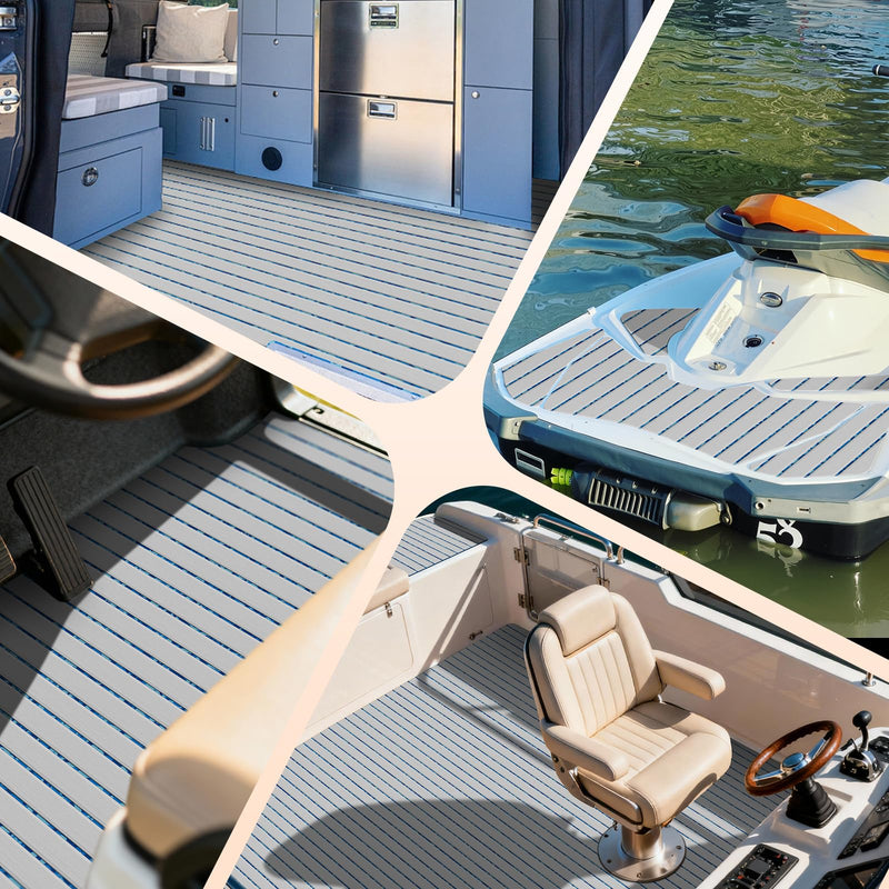HZshark Boat Flooring EVA Foam Decking Sheet with 3M Self-Adhesive Backing, Non-Slip Marine Flooring for Boats Jon Boat Golf Cart Trailer Floor, DIY Cuttable Boat Deck Foam Teak Pad Grey with Ocean Seam Lines 47.2"x11.8"