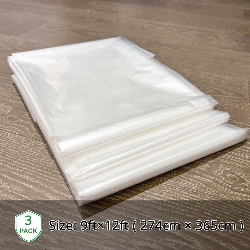 3-Pack Plastic Drop Cloth, 9x12 Feet Clear Plastic Painting Tarps Waterproof, 1 Mil Thick Drop Sheet for Furniture Couch Floor Cover 3 Pack, 9'x12'