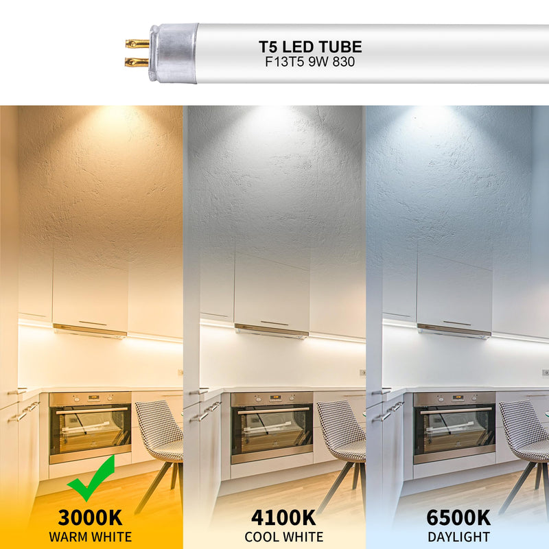 6 Pack 21 Inch F13T5/WW LED Replacement Bulbs, 3000K Warm White, T5 LED 9 Watts Replace Fluorescent Bulb with LED, Replacement Tube for Counter and Cabinet Fixture 6 Pack
