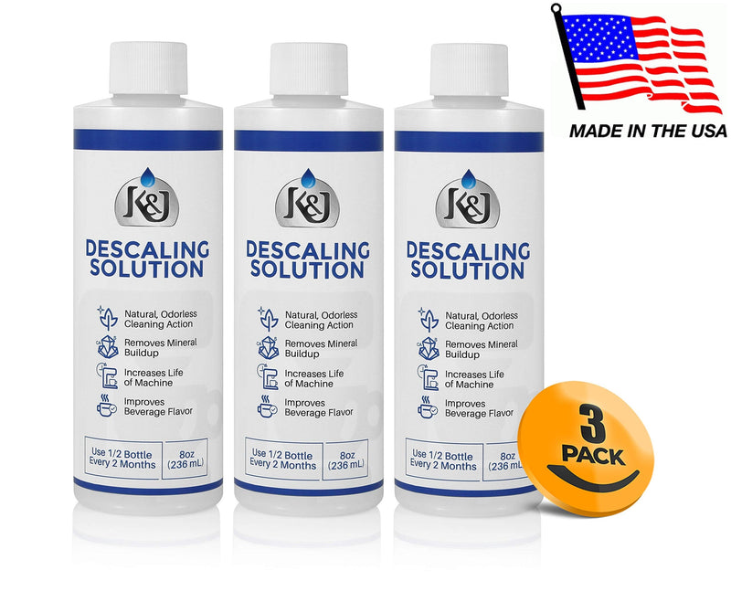 K&J Pemium Descaling Solution (6 uses) - Made in USA - Descaler for Keurig, Breville, Nespresso, Delonghi, Cuisinart, and all Coffee and Espresso Machines 8 Fl Oz (Pack of 3)