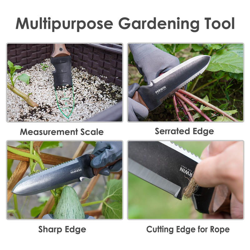 Hori Hori Garden Knife, Garden Tools with Sheath for Weeding,Planting,Digging, 7" Stainless Steel Blade with Cutting Edge, Full-Tang Wood Handle with Hanging Hole