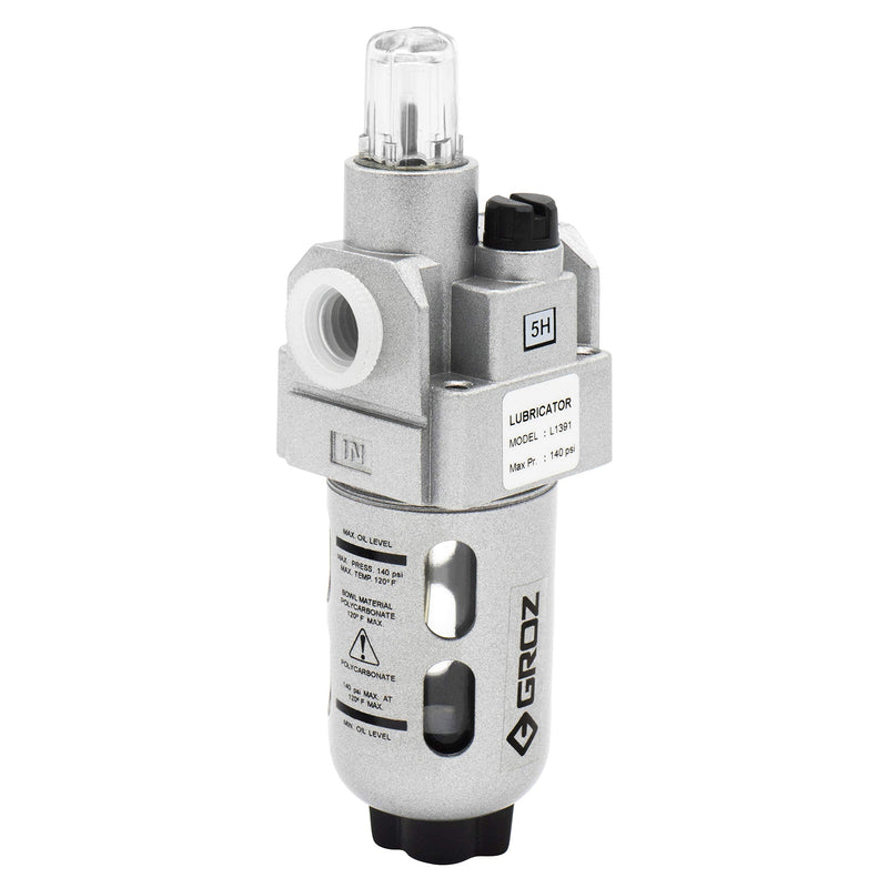 Groz Miniature Air Line Lubricator, 1/4" NPT, Fog/Micro-Mist Type, 48 CFM Max Flow, 145 PSI, Polycarbonate Bowl with Steel Guard, Die-Cast Aluminum Head, ISO 6301-1, 100% Factory Tested (60251)