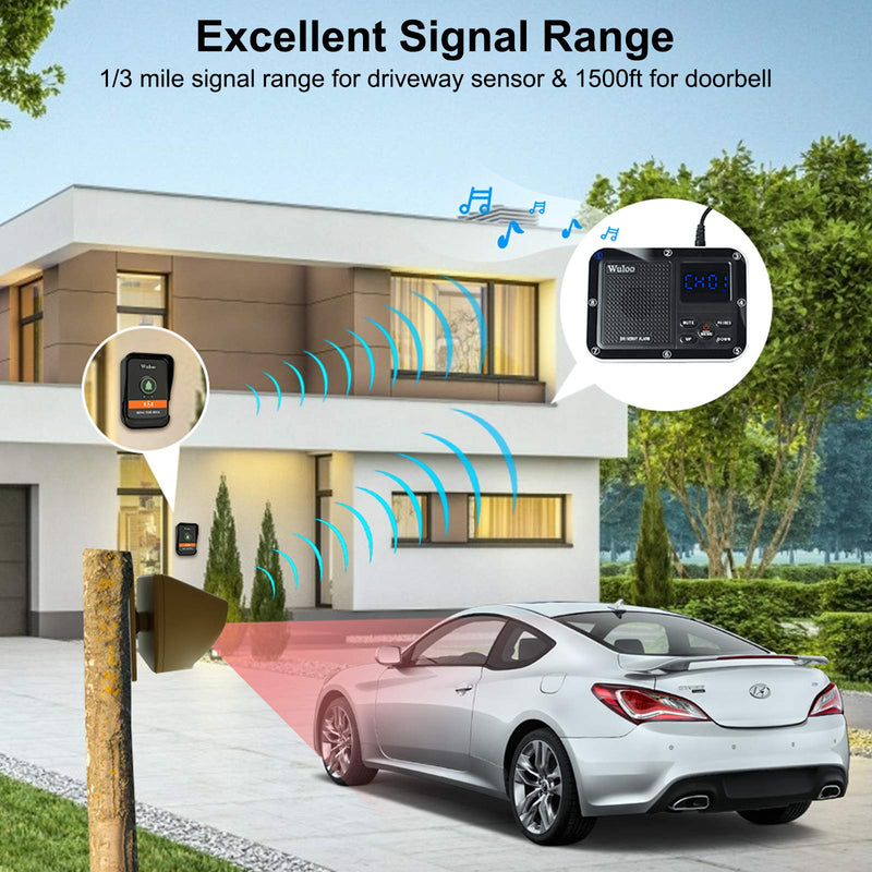 Wuloo Wireless Doorbells for Home, Solar Driveway Alarm, Multifunctional Wireless Home Security System, Rechargeable Battery/Weatherproof/Mute Mode/Clock and Alarm (1 Receiver 1 Sensor 1 Doorbell) 3 units set