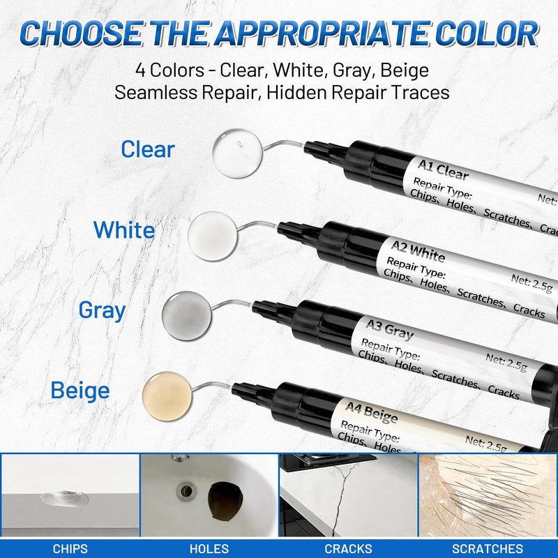 Quartz Countertop Repair Kit (Clear, White, Gray, Beige) 30s Fast Curing DIY Fix Luxury Stone, Granite Marble Acrylic Porcelain Fiberglass Quartz Countertop Chip Repair Kit for Cracks Holes Scratches - NewNest Australia