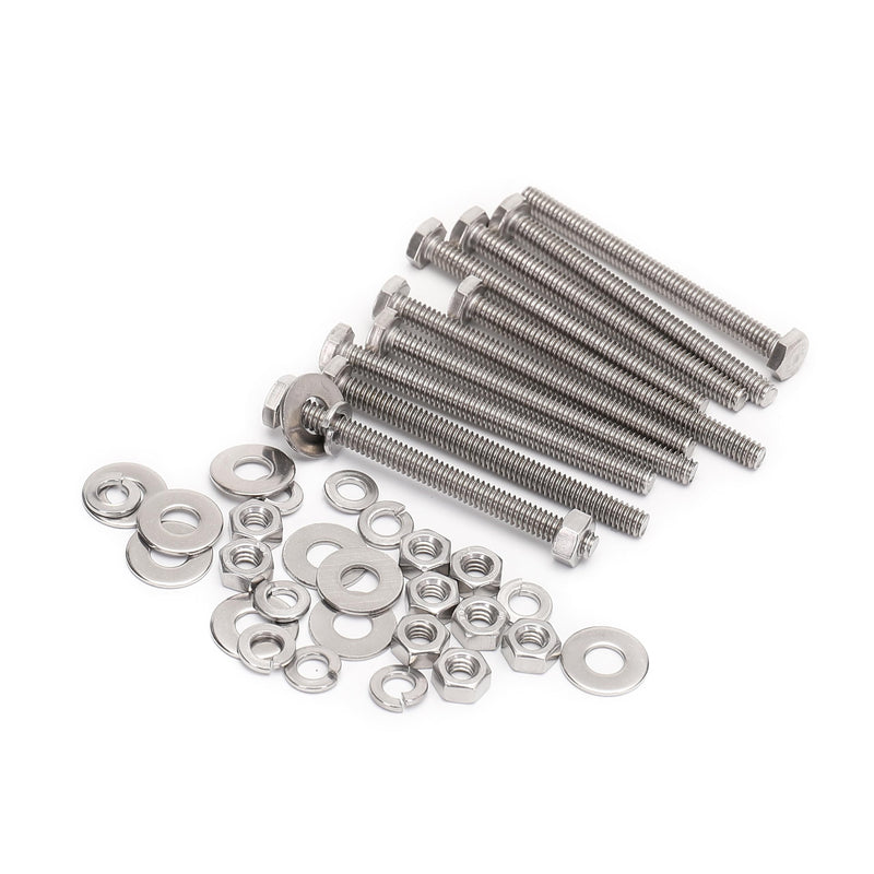 5/16-18x3 Complete Set Hex Head Screw Bolts,Nuts,Fender Flat washers,Split Lock Washers,Fully Threaded, Stainless Steel 18-8（304）, Bright Finish (10Set) 5/16x3"