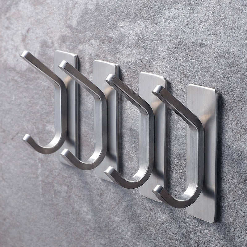 YIGII Towel Hook/Adhesive Hooks - Wall Hooks for Coat/Robe/Towels Stick on Bathroom/Kitchen 4-Pack, Stainless Steel Silver