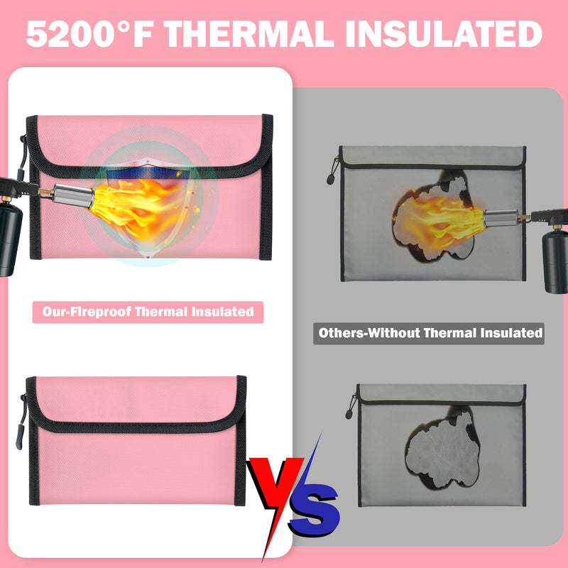 Fireproof Waterproof Document Bag - 5200°F Water Resistant Fire Proof Money Bag, 3 Layers of Heat Insulated Storage with Zipper, 7.9"x5" Portable Files Safe Pouch for Cash Passport (Pink) 7.9"x5" 5200℉ Pink