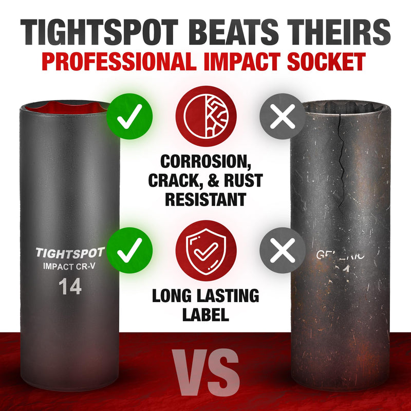 TIGHTSPOT 1/2 Inch Drive - 14 mm Deep Impact Socket with Anti-Rounding 6 Point Design, Heat-Treated CRV Steel, Metric 1/2” Drive Deep Socket 1/2” Drive 14mm Deep Impact Socket - 6pt