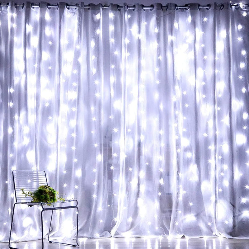 Dazzle Bright Curtain String Lights, 300 LED 9.8ft x 9.8ft 8 Lighting Modes Fairy Lights USB Powered, Waterproof Lights for Christmas Party Wedding Outdoor Indoor Wall Decorations (White) White