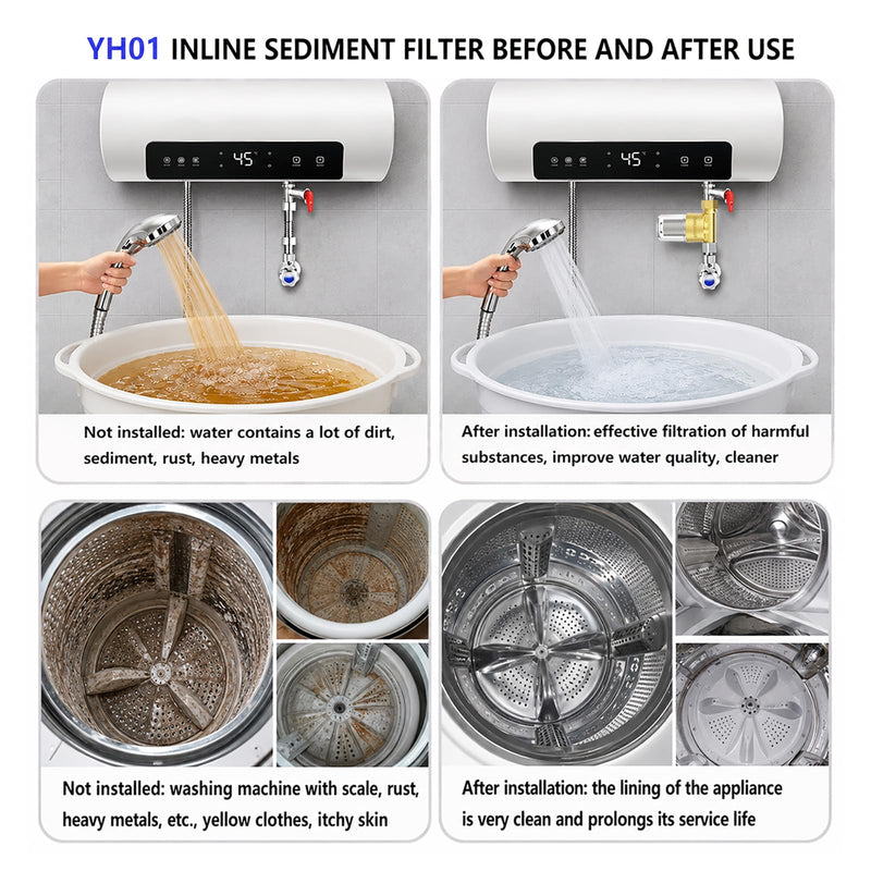 YH01 Reusable Washing Machine Water Filter, 40 Micron Brass Sediment Filter, for Washer, Heater, Garden, Protecting Appliances, Reduces Clothes Yellowing, Anti Scale Shower Filter