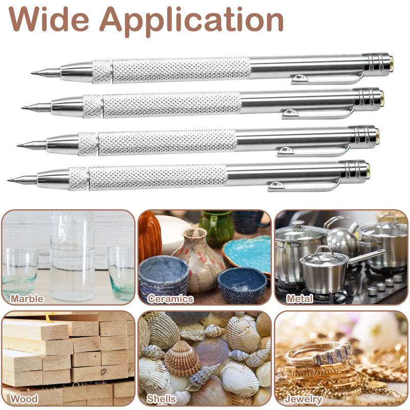4 Pcs Tungsten Carbide Etching Tool with 20 Replacement Tips, Aluminium Carbide Engraving Pen With Clip, Metal Engraving Tool for Glass Ceramics and Hardened Steel Sheet 4pcs