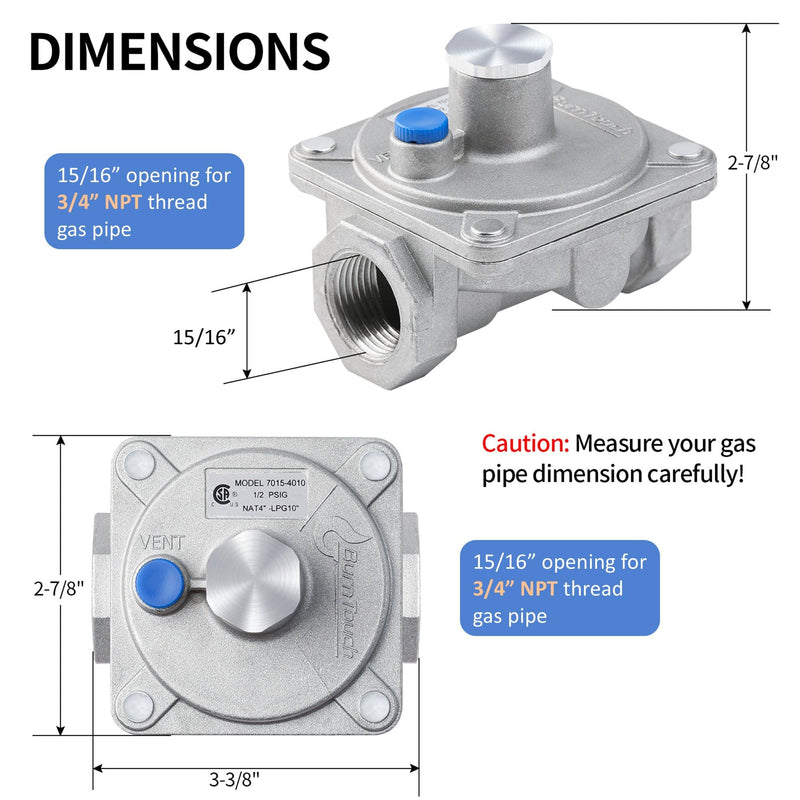 BurnTouch Gas Regulator 7015-4010 1/2 PSIG 3/4" NPT Natural Gas and Liquid Propane NAT 4" - LPG 10" WC, for Awoco Gas Ranges