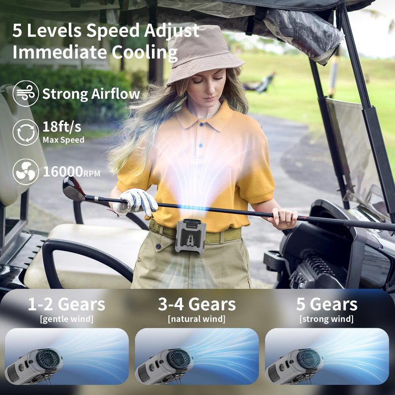 Socool 10000mAh Portable Waist Fan Clip on Wearable Belt Personal Fan Rechargeable Battery operated With 5 Speeds & Flashlight Neck Hands-Free 40H Cooling For Outdoor Camping Travel (Gray） Gray