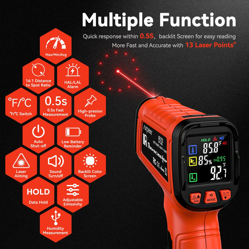 Infrared Thermometer Temperature Gun -58°F to 1796°, 16:1 Non Contact Laser Thermometer Gun with Thermocouple Probe for Humidity, Pizza Oven, Griddle, Ir Temp Gun for Home and Industry Repair orange
