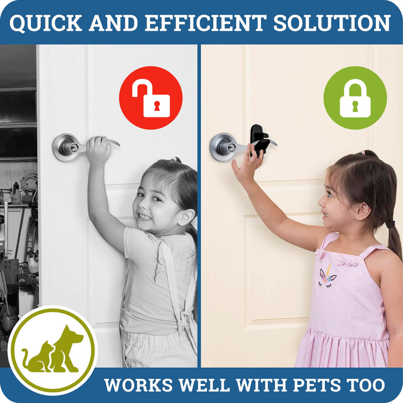 Door Lever Lock (2 Pack) Prevents Toddlers From Opening Doors. 3.25" L * 1.5" W * 4.5" H Easy One Hand Operation for Adults. Durable ABS with 3M Adhesive Backing. Simple Install, Black 2