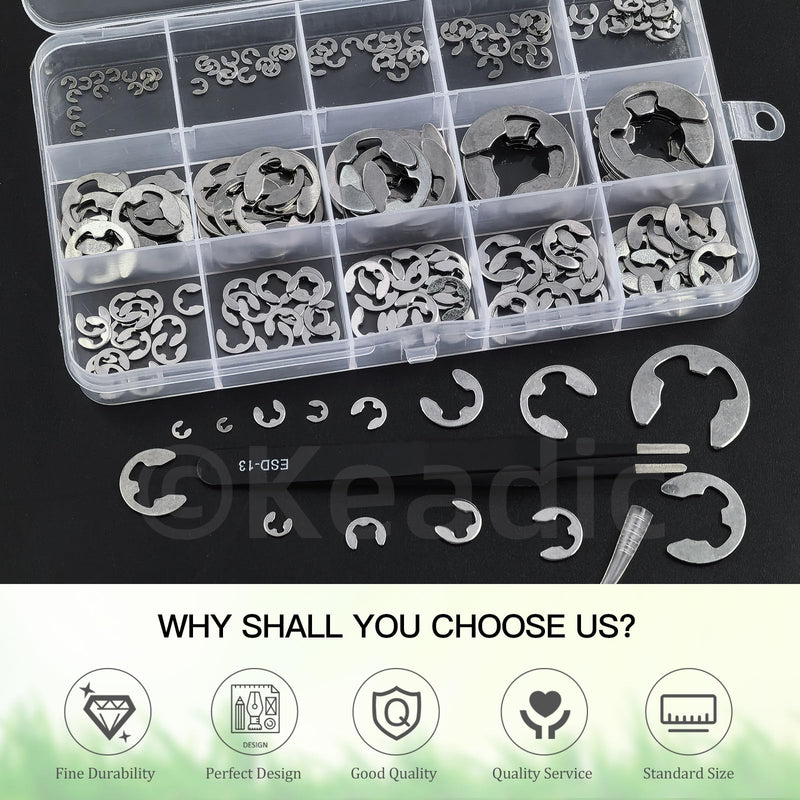 Keadic 211Pcs 14 Sizes 304 Stainless Steel E-Clip Assortment Set, M1.5/M2/M3/M4/M5/M6/M7/M8/M9/M10/M12/M15/M19/M22 Circlip External Retaining Ring Kit 304 Stainless Steel-silver